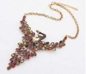 Vintage Style Metal Chain Colorized Rhinestone Peacock Shape Pendant Necklace, Bibble Bib Necklace