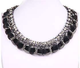 Women's Rhinestone Faux Leather Chunky Chain Choker Necklace