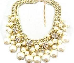 white Rhinestone Layered Cluster Ball Beads Drop Chunky Statement Bib Necklace