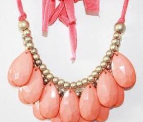 coral- Size 48mm Teardrop Double Strand Necklace, Stormy Seas Briolette Bib Statement Necklace