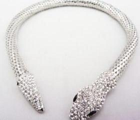 Chunky Gold/Silver Tone Full Rhinestone Choker Snake Collar Necklace