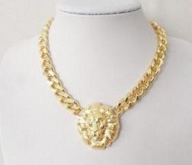 Chunky Unique Gold Plated Link Animal Jewelry Lion Head Choker Necklace