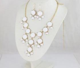 White big Bubble bib Necklace & earring,Statement Necklace, Bubble Jewelry set 