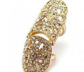 Full Finger Rhinestone Scroll Armor Joint Knuckle Ring 